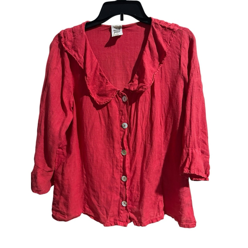 Match Point USA 100% Linen Shirt Red‎ Medium Ruffle Buttons Relaxed #R6-3